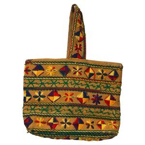 Burlap Purse Bag Rainbow Yarn Hand Bag Star Stripe Design 13 x 10 x 2.5 Vintage
